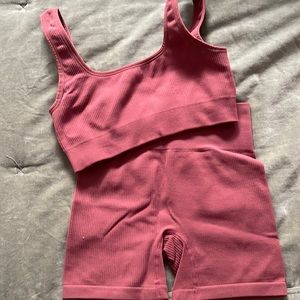 Rust Amazon workout shorts and bra